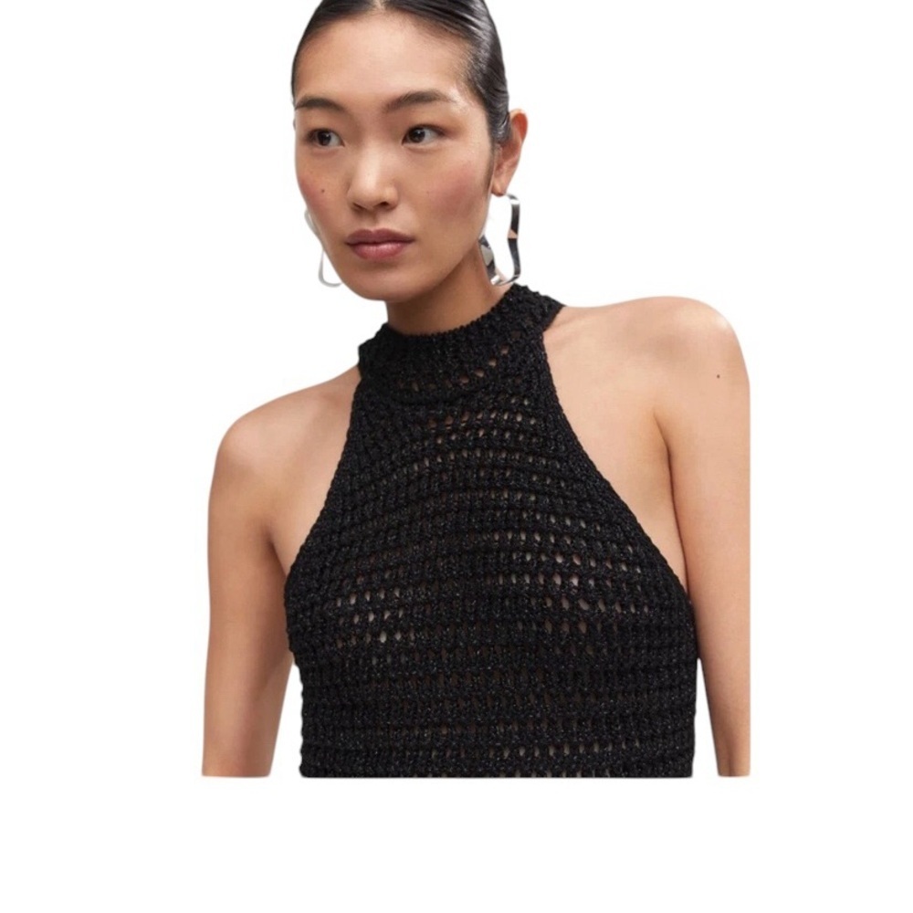 Mango Black Shimmer Halter Open Knit sheer Mini Dress Sleek Mini party Dress LBD - Picture 5 of 13